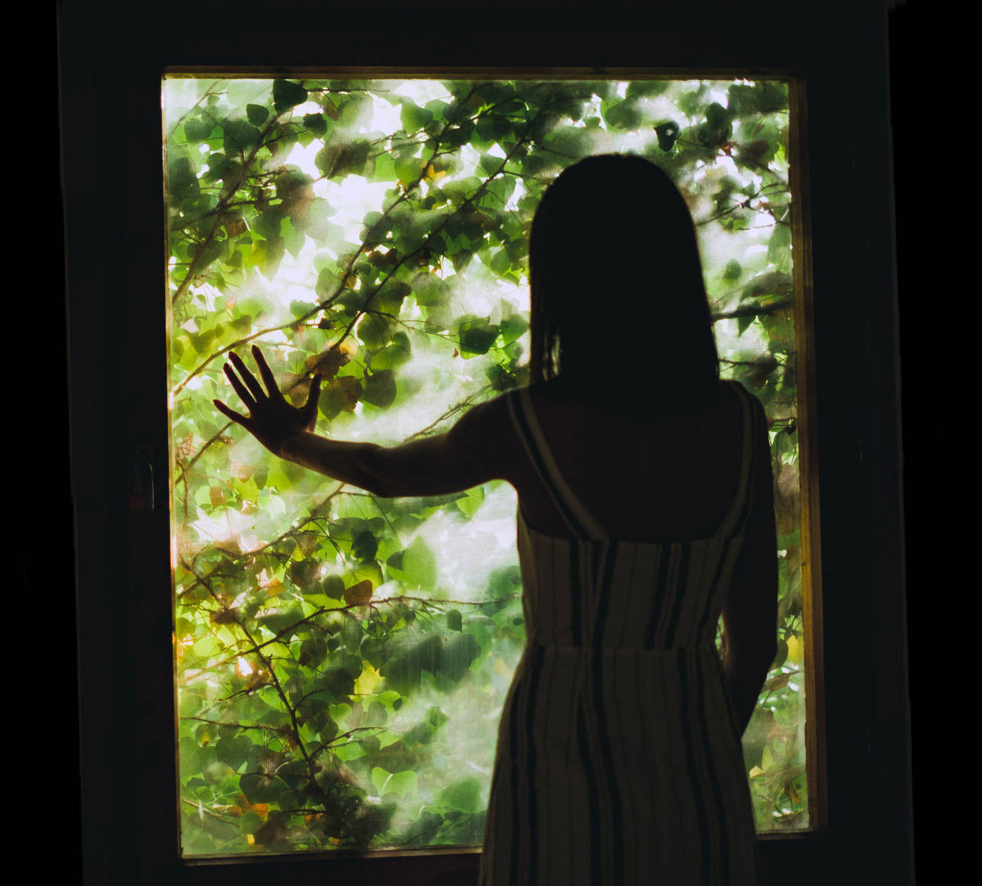 Girl looking out window to trees